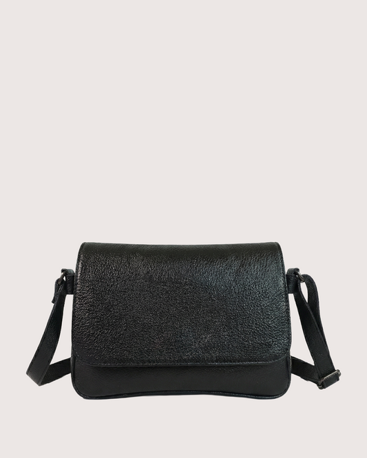 Black leather crossbody bag on a light gray background