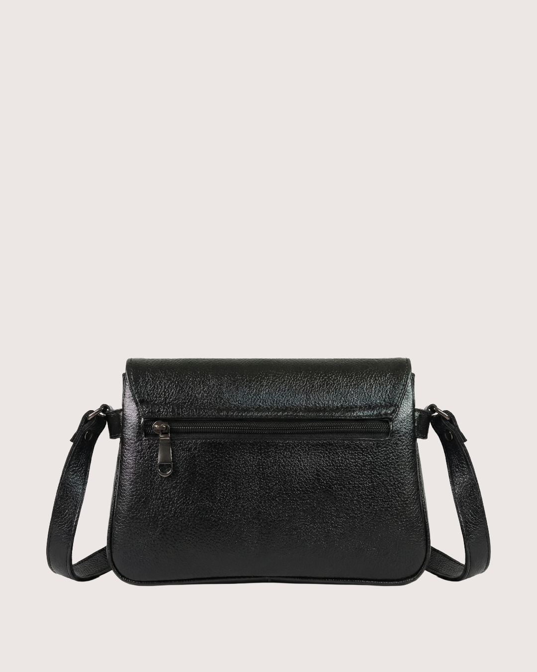 Black leather handbag on a light gray background