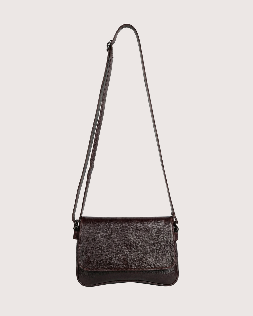 Dark brown leather crossbody bag on a light gray background