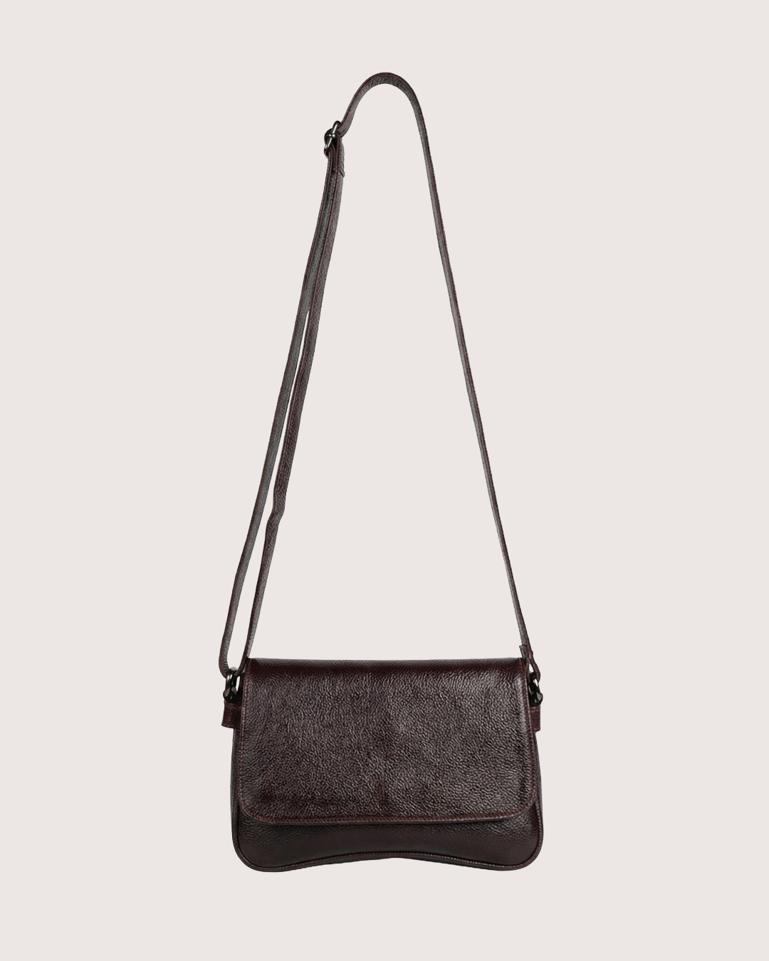 Dark brown leather crossbody bag on a light gray background