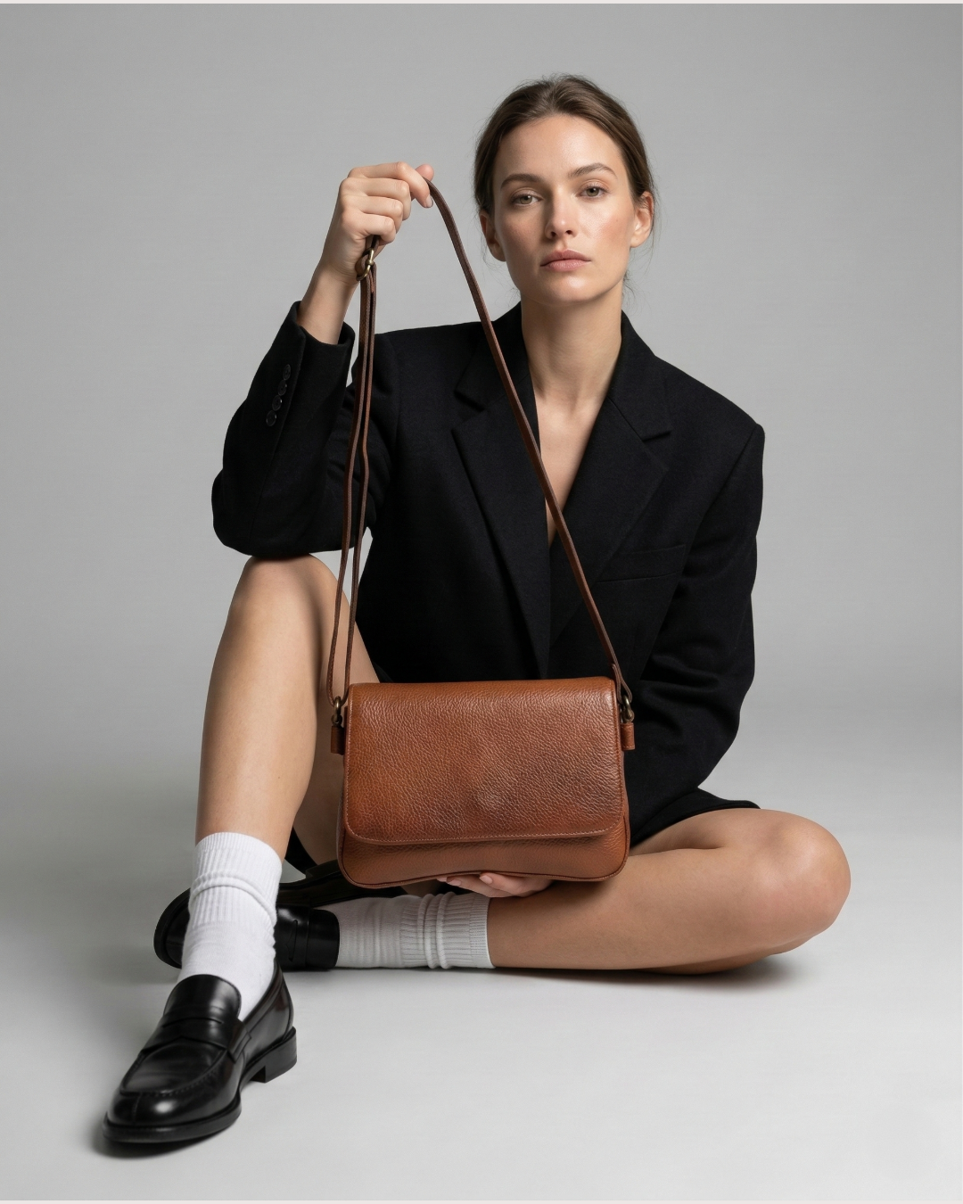 Woman holding a Tan leather bag against a gray background