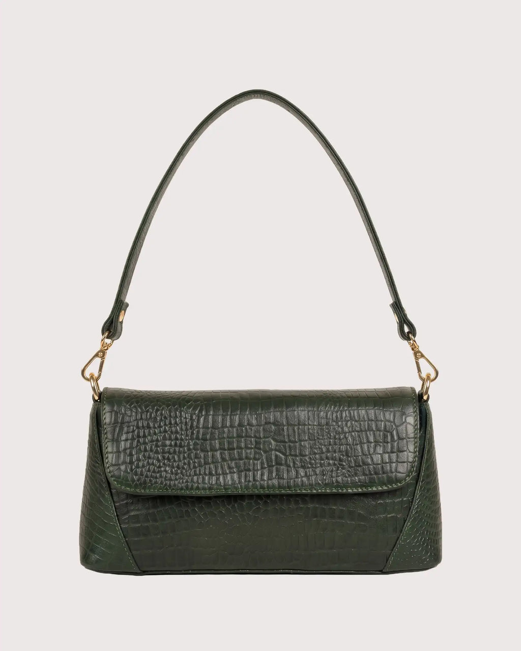 Green croc-embossed shoulder bag with flap closure, structured silhouette, and gold-tone hardware