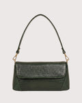 Green croc-embossed shoulder bag with flap closure, structured silhouette, and gold-tone hardware
