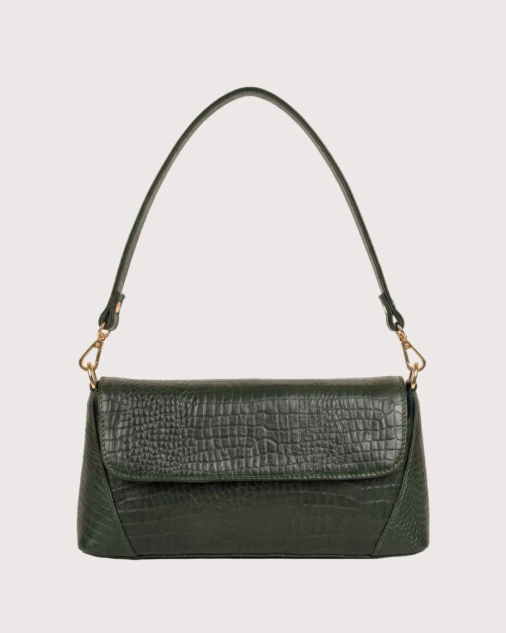 Green croc-embossed shoulder bag with flap closure, structured silhouette, and gold-tone hardware