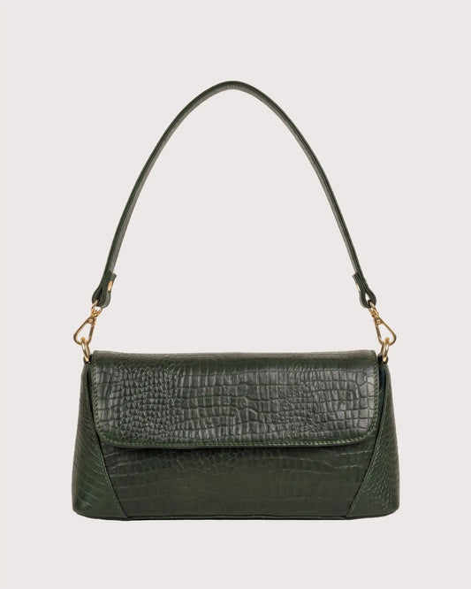 Green croc-embossed shoulder bag with flap closure, structured silhouette, and gold-tone hardware
