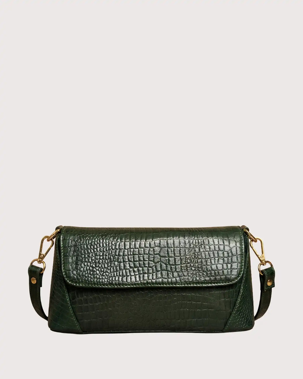 Green croc-embossed shoulder bag with flap closure, structured silhouette, and gold-tone hardware