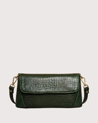 Green croc-embossed shoulder bag with flap closure, structured silhouette, and gold-tone hardware