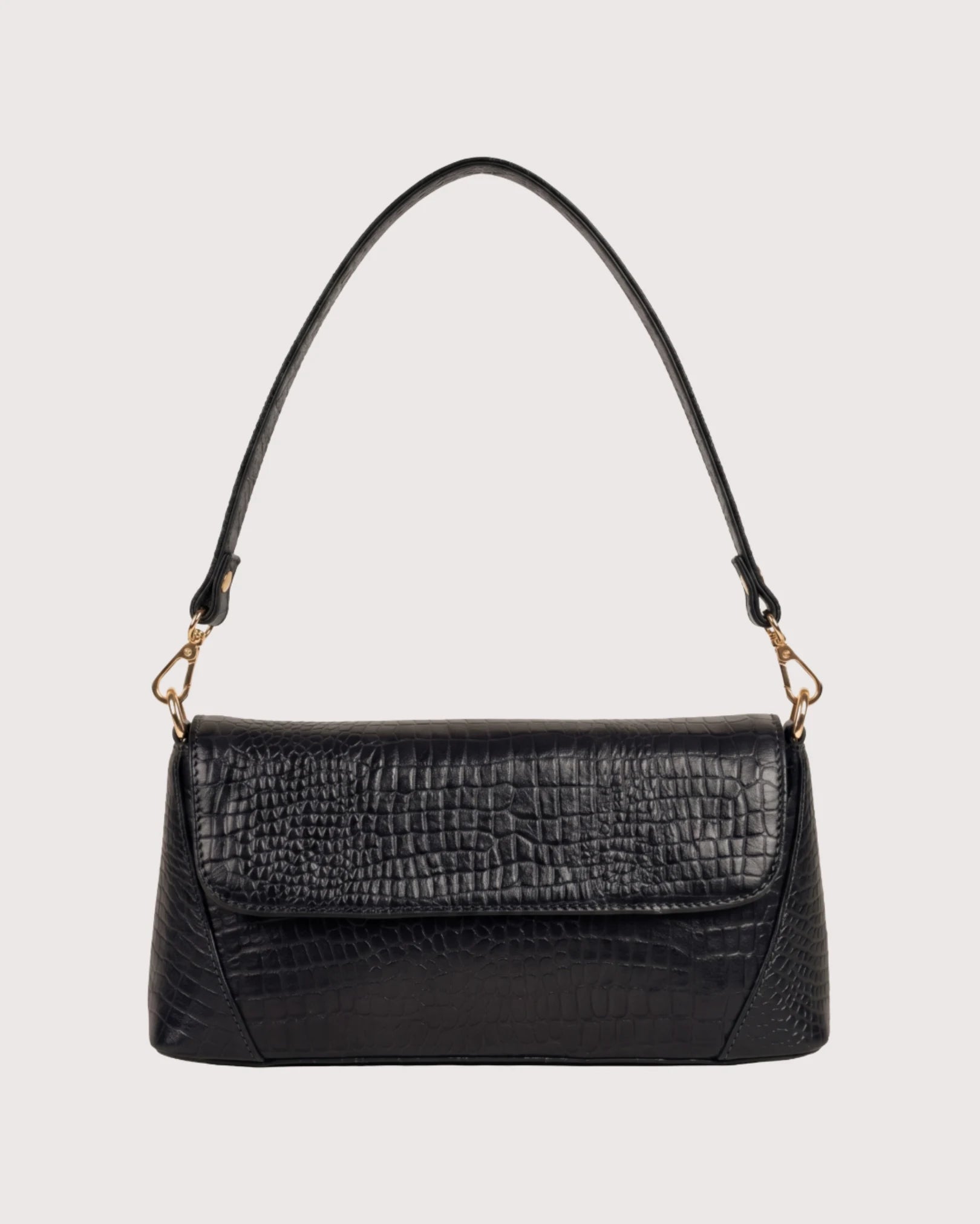 Black croc-embossed shoulder bag with flap closure, structured silhouette, and gold-tone hardware