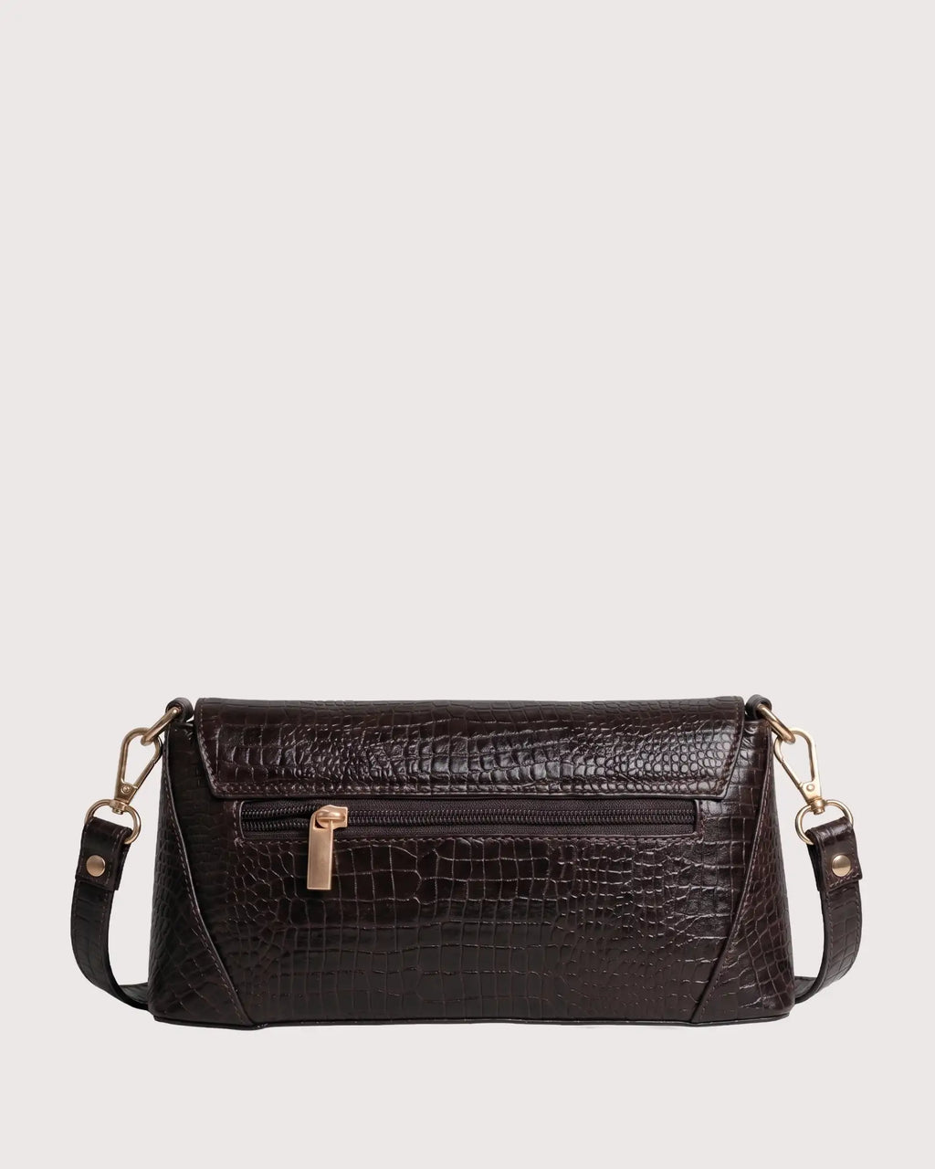 Back view of Brown croc-embossed shoulder bag with flap closure, structured silhouette, and gold-tone hardware