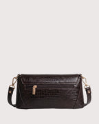 Back view of Brown croc-embossed shoulder bag with flap closure, structured silhouette, and gold-tone hardware
